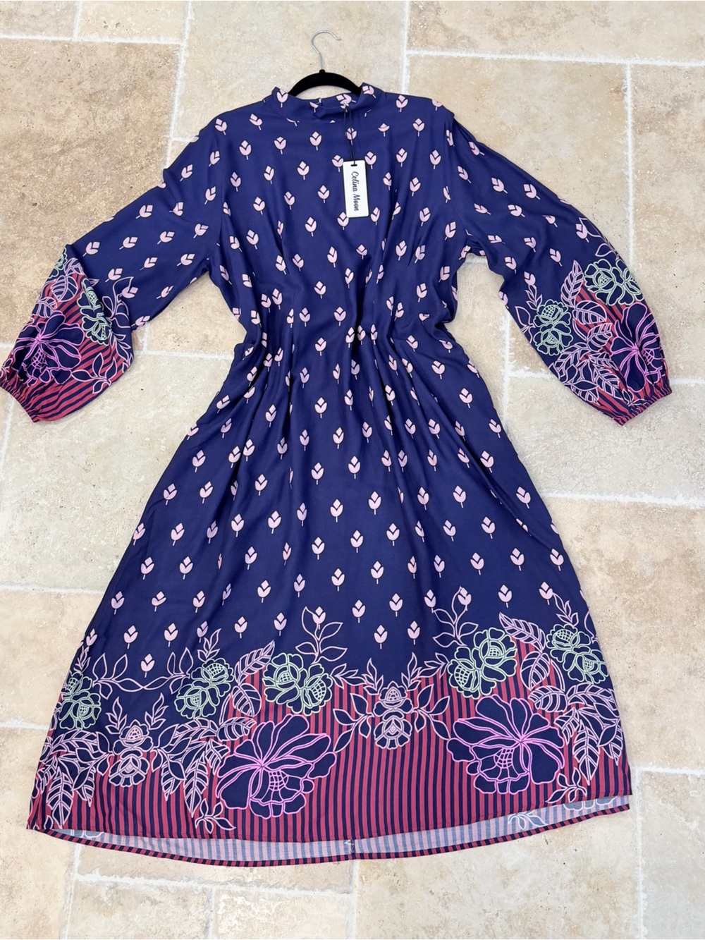 Celina Moon Floral Print 100% Viscose Midi Dress XL NWT Navy Long Sleeve